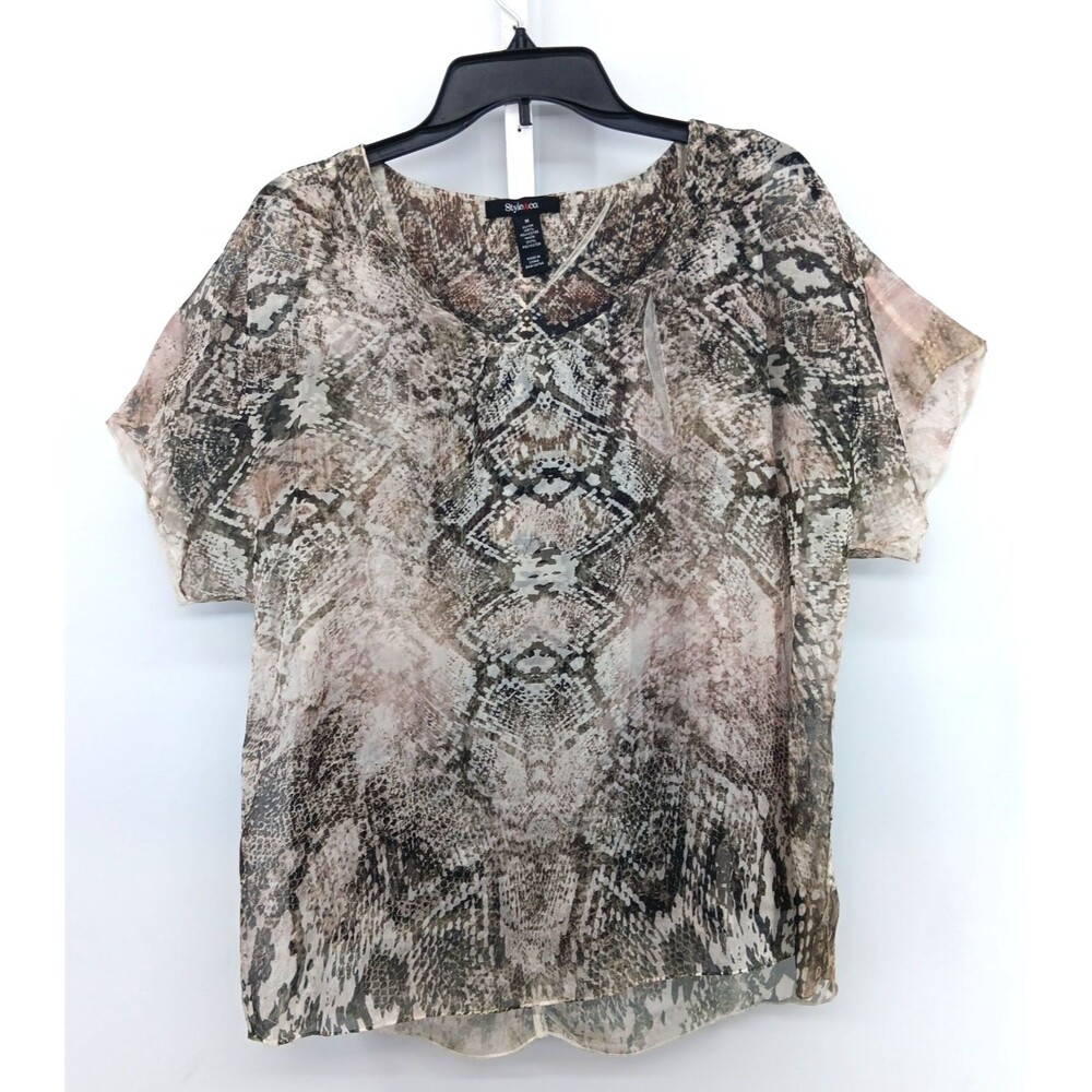 Style & co. Blouse Women Medium Brown Animal Print Short Sleeve Sheer Tank Lined